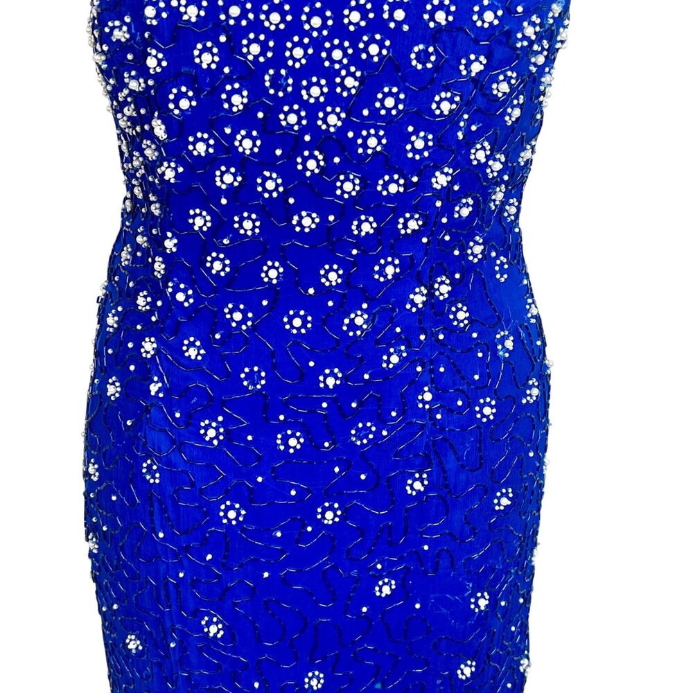 VTG 90s Ibiza Silk Hand Beaded Halter Neck Column Gown S Maxi Dress Royal Blue - Picture 4 of 12